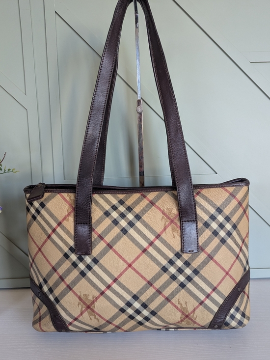 Burberry Handbags - Burberry Beige Plaid Tote with Dark Brown Leather Trim